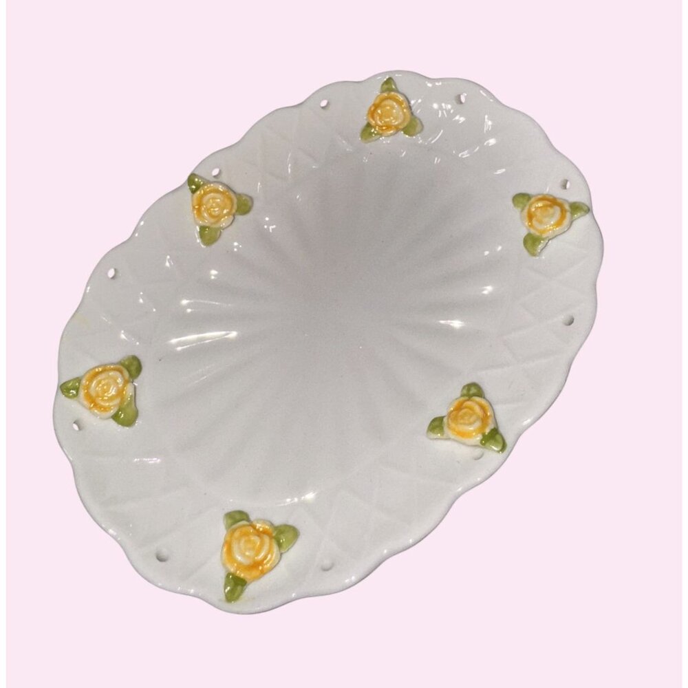 Jakson Japan Yellow Eyelet Rose Soap Dish & Tumbler Set Ceramic Floral Design - Picture 4 of 12